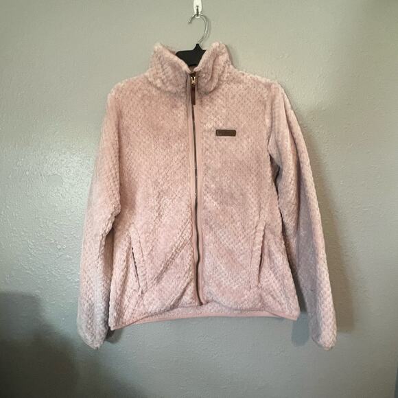 Columbia Womens Medium M Teddy Pink Jacket Zip Fauz Leather Accents Soft Fuzzy - Picture 1 of 8